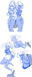 1boy 2girls artist_request brenda_(pokemon) censored femdom footjob glasses marabelle_(pokemon) monochrome no_shoes penis pokemon pokemon_duel sketch tagme text thighhighs unseen_male_face