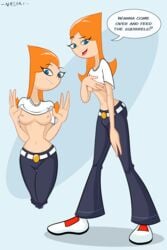 1girls belt blue_eyes breasts candace_flynn denim dialogue disney disney_channel female human jeans medium_breasts nasiri_(artist) nipples nudity phineas_and_ferb red_hair redhead shirt_lift shirt_up shoes showing_breasts solo squirrel_in_my_pants t-shirt wide_hips