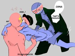 3boys angry bite_mark bite_marks black_clothing china_(countryhumans) countryhumans drooling english_text eyepatch holding_chin holding_hands jealous kissing male_only martial_law_(countryhumans) north_korea_(countryhumans) sweatdrop threesome