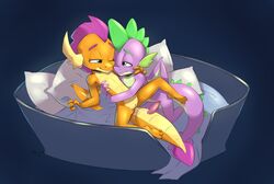 absurd_res after_sex bed bodily_fluids cum dragon female friendship_is_magic furniture genital_fluids hi_res male my_little_pony penis pussy qrog smolder_(mlp) smooth_skin spike_(mlp) straight young