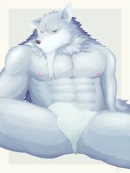 10s 2019 abs anthro biped canid canine canis clothing erection facial_hair fur grey_body grey_fur inuller law_(sdorica_sunset) male male_only mammal muscular muscular_male nipples pecs penis sdorica sdorica_sunset solo underwear wolf