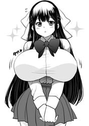 black_hair blush bouncing_breasts female huge_breasts long_hair monochrome original perepere-kun school_uniform schoolgirl