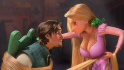 accurate_art_style alternate_breast_size argument big_breasts blonde_hair bound breasts cleavage clothed clothing disney dress edit eugene_fitzherbert female gan_(artist) huge_breasts large_breasts male pascal_(tangled) rapunzel restrained screenshot screenshot_edit straight tangled