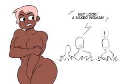 1girls 2019 3boys ass big_ass big_breasts breasts covered_nipples covering_pussy dark-skinned_female embarrassed enf eyebrows_visible_through_hair lips multiple_boys naked nipples original_character pink_hair public_nudity samson_00 short_hair simple_background speech_bubble thick_thighs white_background