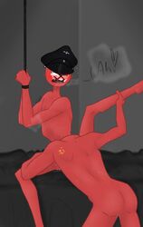 ass black_sheets blush countryhumans drooling hammer_and_sickle holding_leg nazi nazi_germany_(countryhumans) oral red_skin sharp_teeth soviet soviet_union_(countryhumans) swastika tied_up wrists_tied