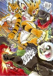 ! 2014 anthro better_late_than_never breasts cleavage clothed clothing comic daigaijin dreamworks english_text felid female fight fur giant_panda group kung_fu_panda male mammal master_po_ping master_tigress melee_weapon multicolored_body multicolored_fur painting_(artwork) pantherine polearm pussy staff su_wu text tiger traditional_media_(artwork) ursid wardrobe_malfunction watercolor_(artwork) weapon