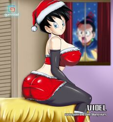 2girls angry ass bed bedroom big_ass big_breasts big_butt black_hair blue_eyes bluegraves breasts busty censored chichi christmas clothed curvy dat_ass dragon_ball dragon_ball_z female female_only from_behind funny fur gloves hips holidays huge_breasts large_breasts legs looking_at_viewer santa_costume santa_hat shirt short_hair shorts sitting smile spandex stockings teenager thick_thighs thighs videl voluptuous wide_hips xmas