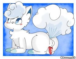 1boy all_fours alolan_vulpix animal_genitalia animal_penis ass black_nose blue_eyes blue_markings blush canine_penis censored ears_up feral fur furry kemono knot leg_markings looking_back male male_only markings mosaic_censoring multi_tail nintendo penis pokemon pokemon_(species) pokemon_sm red_penis small_penis snout socks_(marking) solo sunny_(artist) tail testicles video_games vulpix white_body white_fur