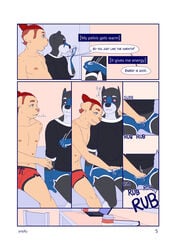 canid canine comic cuntboy felid feline hi_res intersex male male_only mammal page_5 petting rubber_pup snofu sport_short tan_body text