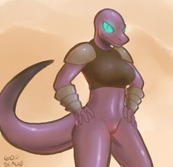 2019 60percentscalie alien anthro armor biped black_shirt blue_eyes blue_sclera bottomless bracers breasts clothed clothing female female_only hands_on_hips hopoo_games lemurian looking_at_viewer mammal mostly_nude purple_body purple_scales purple_skin pussy risk_of_rain risk_of_rain_2 scales scalie smirk solo tail