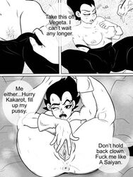 big_breasts black_and_white dragon_ball dragon_ball_z female_vegeta genderbend penis pubic_hair rule_63 saiyan son_goku spandex spread_legs spread_pussy text_bubble ukevegeta13 vegeta