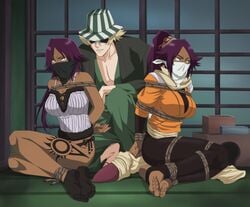 1boy 2girls arms_behind_back barefoot bleach blonde_hair bondage clone dark_skin femsub gag glaring kisuke_urahara ktu-lu legs_tied maledom multiple_girls multiple_subs over_the_nose_gag purple_hair raised_eyebrows rope rope_between_breasts shihouin_yoruichi shoes_removed socks stirrup_socks sweat tattoo tied_arms tied_hands tied_up toeless_legwear underwear yellow_eyes