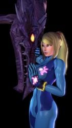 1boy 1girls 3d ambrosine92 bimbo blonde_hair blue_eyes bodysuit female gloves male metroid monster nintendo ridley samus_aran tagme zero_suit zero_suit_samus