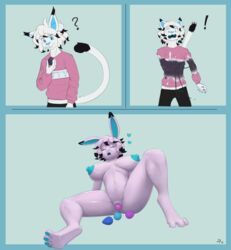 2019 anthro ass blue_eyes blue_nose bottomwear closed_eyes clothing egg egg_laying felid feline female fur gender_transformation goo_transformation hair heart hi_res lagomorph leporid male mammal mtf_transformation nox_(yajuu) nude open_mouth pants poiuytrew pussy rabbit sequence shirt smile solo species_transformation spread_legs spreading surprise tail topwear transformation white_body white_fur white_hair