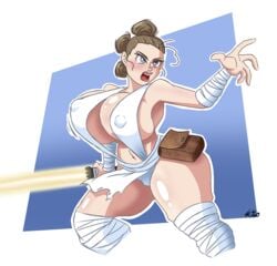 agitowolf_(artist) armband armpits athletic bare_midriff bare_shoulders bare_thighs big_breasts blue_eyes breasts bubble_butt busty cleavage clothing curvaceous curvy electronics erect_nipples female female_focus female_only hourglass_figure huge_breasts human large_breasts lightsaber lipstick navel nipple_bulge overflowing_breasts pale_skin pinup pose posing rey solo standing star_wars sword tagme thick_thighs tied_hair voluptuous weapon wide_hips