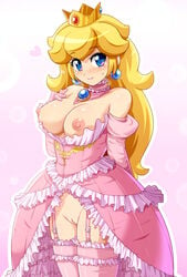 1girls blonde_hair blue_eyes blush breasts breasts_out crown dress earrings female female_only frilly_dress functionally_nude heart higher_resolution_available jewelry konpeto looking_at_viewer mario_(series) nintendo nipples no_bra no_panties pink_background pink_dress princess_peach pussy smile solo strapless_dress