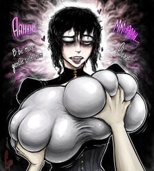 1girls ahe_gao big_breasts black_hair breast_grab breast_squeeze breast_squish breasts closed_eyes clothed clothing corset f-ero female gigantic_breasts goth hair heart huge_breasts large_breasts light_skin moaning naughty_face open_mouth original_character pale_skin pov saliva seductive short_hair teeth text vampire