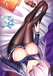 alternate_costume areolae black_legwear blue_shirt breasts dragon_girl dragon_horns fate/grand_order fate_(series) female from_above grey_hair horn horns kiyohime_(fate/grand_order) large_breasts long_hair long_sleeves multi_horn nipples pantyhose red_eyes shirt shirt_lift solo thighband_pantyhose traditional_media watercolor_pencil_(medium) zha_yu_bu_dong_hua