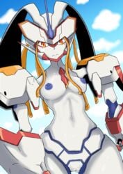 1girls 2019 big_breasts breasts censor_bar censored darling_in_the_franxx humanoid kentamaru mecha orange_eyes outdoors pussy robot robot_girl strelizia