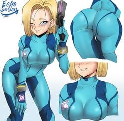 1girls 2019 android android_18 ass blonde_hair blue_eyes bodysuit cosplay dat_ass dragon_ball dragon_ball_z echosaber female_only firearm fully_clothed gloves gun handgun hi_res huge_ass huge_breasts looking_at_viewer metroid multiple_views naughty_face nintendo samus_aran_(cosplay) seductive seductive_smile smile solo thick_thighs weapon zero_suit