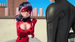 1:2 adrien_agreste alternate_breast_size arm_under_breasts arm_up blue_eyes blue_hair blue_hair_female blue_sky breasts brick_wall bricks bright_hair busty cat_noir cleavage clouds dark_blue_hair edit gan_(artist) glistening_clothing huge_breasts ladybug_(character) light-skinned_female light-skinned_male looking_at_another marinette_cheng miraculous_ladybug pipe roof screenshot screenshot_edit short_blue_hair short_hair sky stairs teen teen_boy teenage_boy teenage_girl unseen_male_face yo-yo