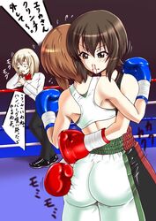 3girls ass ass_grab boxing boxing_gloves boxing_ring brown_hair girls_und_panzer huge_ass itsumi_erika nishizumi_maho nishizumi_miho nosebleed short_hair