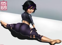 1girls ass bare_calves bare_midriff barefoot big_ass big_hero_6 black_hair black_toenails bubble_butt butt calves disney eyeshadow female female_focus female_only fingerless_gloves gogo_tomago huge_ass jacket marvel marvel_comics nail_polish pinup shadman short_hair skin_tight soles solo splits spread_legs thick_thighs yoga yoga_pants