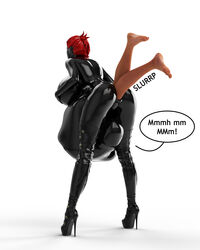 3d anal_vore artist_request belly belly_bulge big_belly bodysuit female gloves high_heels latex latex_skin latex_thighhighs red_hair thighhighs unwilling_prey vore