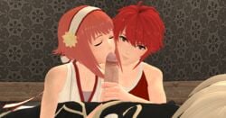 1boy 2girls 3d closed_eyes clothed clothed_female clothed_male clothing corrin_(fire_emblem) corrin_(fire_emblem)_(male) erection fellatio female fire_emblem fire_emblem_fates fire_emblem_warriors green_hair hairband hairclip hinoka_(fire_emblem) just_the_tip male manakete mikey_obscurest nintendo open_mouth oral pale-skinned_female pale-skinned_male pale_skin penis penis_grab pink_hair red_eyes red_hair sakura_(fire_emblem) siblings straight xnalara