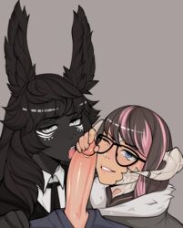 1boy 2girls animal_ears au_ra big_penis black-skinned_female black_hair black_lips black_skin blowjob blue_eyes brown_hair brunette bunny_ears collaborative_fellatio dark-skinned_female dark_skin emily_epperson fellatio ffm_threesome final_fantasy final_fantasy_xiv glasses handjob horns licking light-skinned_female light-skinned_male light_skin multicolored_hair multiple_girls pink_hair raen scales silver_eyes sugarvira teamwork threesome viera