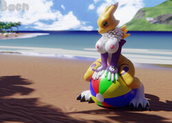 2019 3d anthro areola bacn ball beach_ball beacn big_breasts breasts detailed_background digimon digimon_(species) female fingers fur looking_at_viewer mammal nipples nude outside public_nudity renamon renamon_(bacn) sitting sky solo straddling white_body white_fur