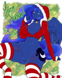 absurd_res anthro bottomless chango-tan choker christmas clothed clothing female friendship_is_magic half-closed_eyes hi_res holidays jewelry legwear looking_at_viewer my_little_pony narrowed_eyes necklace princess_luna_(mlp) pussy sitting solo text thick_thighs thigh_highs