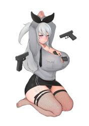 busty cleavage clothed firearm fishnets glock gun handgun heart-shaped_pupils moebell police_uniform security_guard stockings tied_up weapon