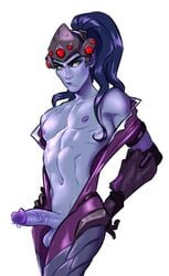 ambush_(trap) androgynous blue_hair blue_skin eyebrows femboy genderswap_(ftm) gloves long_hair looking_at_viewer male male_only navel nipples overwatch penis ponytail precum ripushko rule_63 solo testicles toned undressing widowmaker yellow_eyes