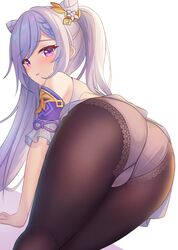 ass braid genshin_impact hair_ears hair_ornament keqing_(genshin_impact) panties pantyhose presenting presenting_hindquarters purple_eyes purple_hair skirt twintails