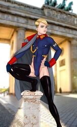 1boy androgynous anonymousfriend background blonde_hair blue_eyes bulge femboy girly green_eyes leotard male male_only military_uniform original pose posing prussian short_hair solo thighhighs