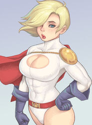 abs bare_legs biceps big_breasts blonde_hair blue_eyes breasts busty cleavage dc dc_comics hourglass_figure kara_zor-l karen_starr large_breasts leotard maou_alba pinup pose posing power_girl short_hair superman_(series) tagme wide_hips