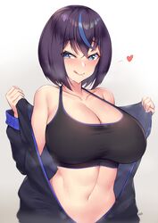 <3 <3_eyes 1girls big_breasts black_hair blush breasts cleavage female female_only jacket kuavera large_breasts looking_at_viewer miyako_(kuavera) removing_jacket solo sports_bra