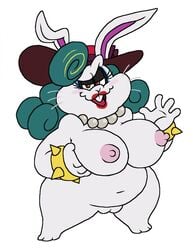 anthro big_breasts breasts broodal female genitals hi_res lagomorph leporid madame_broode mammal mario_(series) nintendo nipples praiz pussy rabbit slightly_chubby solo super_mario_odyssey video_games white_background