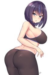 1girls ass big_ass big_breasts big_butt blue_eyes breasts cleavage female female_only kuavera large_breasts leggings looking_at_viewer looking_back miyako_(kuavera) solo sports_bra tight_clothing tight_fit tights