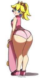 1girls alternate_costume ass athletic_uniform athletic_wear back back_view backboob bare_legs bare_shoulders big_ass big_butt blonde_hair blue_eyes blush bottom_heavy brooch bubble_ass bubble_butt crown dat_ass dragonsinmysky earrings eyebrows_visible_through_hair female female_only from_behind fully_clothed huge_ass huge_butt large_ass light-skinned_female light_skin lips lipstick looking_at_viewer looking_back mario_(series) mario_and_sonic_at_the_olympic_games narrow_shoulders nintendo pale-skinned_female pale_skin pearl_earrings pink_tank_top ponytail princess_peach shoes short_shorts shorts skateboard sleeveless small_breasts solo solo_female sports_shoes sports_uniform sportswear tank_top thick thick_thighs thighs thin_arms tied_hair white_background wide_hips