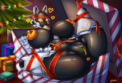 2019 absurd_res amputee android anthro areola armor artist-apprentice587 big_breasts bodily_fluids bow box breasts canid canine christmas christmas_lights cybernetics decoration disability eyeless faceless female fox genital_fluids gift heart hi_res holidays huge_breasts kitsumy_(artist-apprentice587) machine mammal mistletoe nipples nude plant pussy robot solo spread_legs spreading thick_thighs