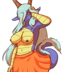 2019 5_fingers anthro big_breasts bottomwear breasts clothed clothing dragon female fingers gynomorph hair humanoid_hands intersex long_tail nipples partially_clothed queenkami reptile scalie shang-li simple_background skirt solo