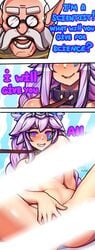 1boy 1girls censored collar comic heart-shaped_pupils ikkimay io_(paladins) leash leash_pull nude paladins pink_eyes seductive_smile smile spread_legs tagme text torvald_(paladins) white_hair