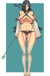 bandana bare_shoulders black_eyes black_hair breasts cleavage female female_pubic_hair hidarikiki holding holding_staff huge_breasts large_breasts long_hair original pubic_hair pubic_hair_peek shorts sleeves_past_fingers sleeves_past_wrists solo staff standing thighhighs tight toenails two-tone_background wide_hips