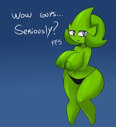 annoyed anthro areolae big_breasts bikini_bottom breasts femdrago green_skin large_breasts looking_at_viewer metachoke metapod nipples pokémon_(species) pokemon simple_background wide_hips