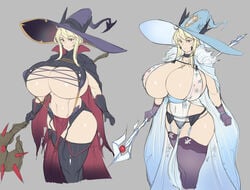 1girls alternate_costume artoria_pendragon artoria_pendragon_(lancer_alter) bangs belly_button blonde_hair breasts cape cleavage cosplay fate/grand_order fate_(series) garter_belt garter_straps gigantic_breasts hirasawa_seiji navel royal_icing sideboob sidelocks solo staff thighhighs thighs underboob witch witch_hat