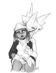 1boy 1girls bodily_fluids breasts clothing conditional_dnp cum dark-skinned_female dark_skin dated eye_contact female female_human femsub genital_fluids half-closed_eyes hi_res human kayla-na larger_male looking_at_viewer male male/female male_pokemon male_pokemon/female_human male_toxtricity maledom mammal monochrome nintendo original_character panties penis piercing pokémon_(species) pokemon pokemon_ss size_difference sketch smaller_female source_request testicles text thigh_gap toxtricity underwear video_games watermark wide_hips