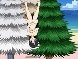 1girls beach black_hair blue_eyes cloud covering covering_breasts defeated hand_over_breast ikaruga_(senran_kagura) kisekae kisekae_2 nude nudist nudist_beach pine_tree senran_kagura senran_kagura_(series) solo stuck_in_tree tree upside-down water