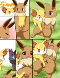 1girls anus black_body black_fur blush bodily_fluids canine comic digitigrade eevee female fennekin feral feral_on_feral fingering fingering_partner fur furry furry_only genital_fluids group heavy_breathing hi_res koorinezumi male male/female nintendo pokémon_(species) pokemon pokemon_(species) pussy pussy_juice pussy_juice_string tail vaginal_penetration video_games wet yellow_body yellow_fur zorua